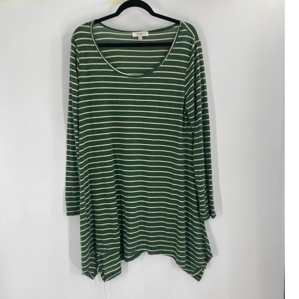 Umgee Plus Green Striped Elbow Pat h Asymmetrical Tunic Top Women’s 1XL